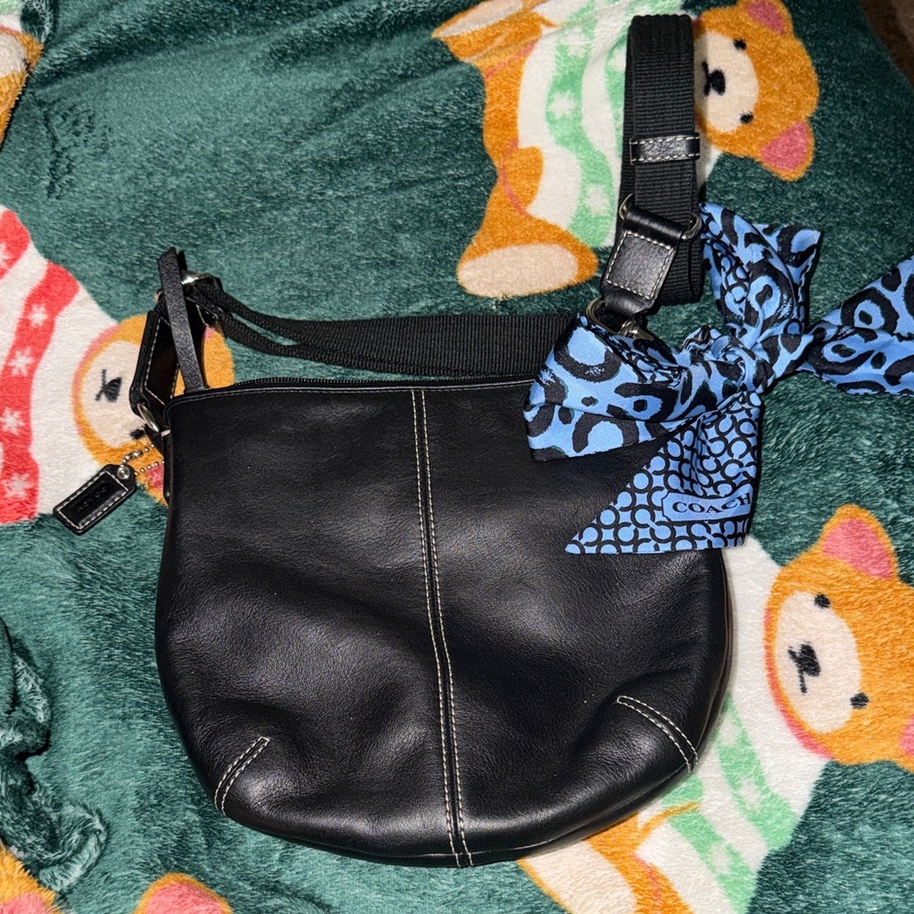 Coach Black Leather Shoulder Bag with Blue Scarf Accent